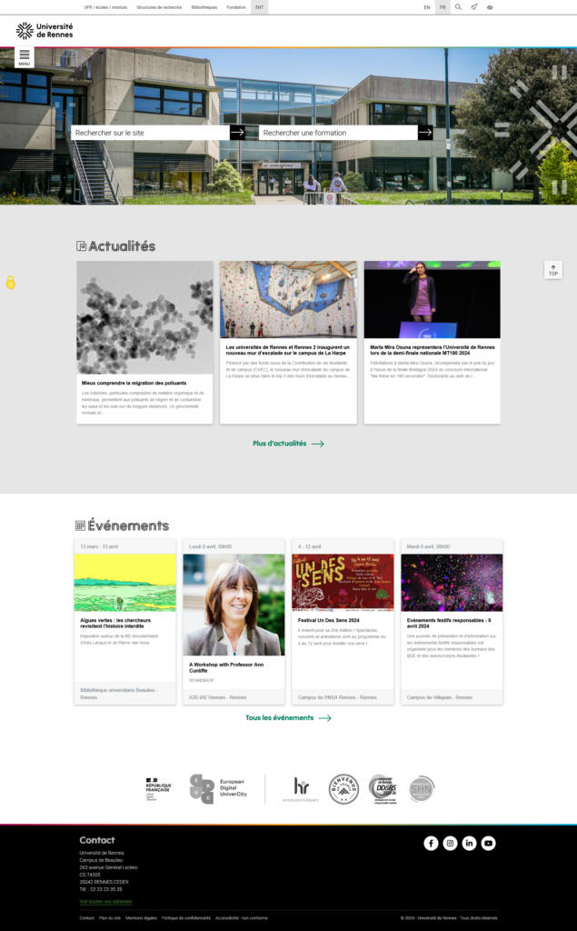 Page d'accueil du site institutionnel de l'Université de Rennes